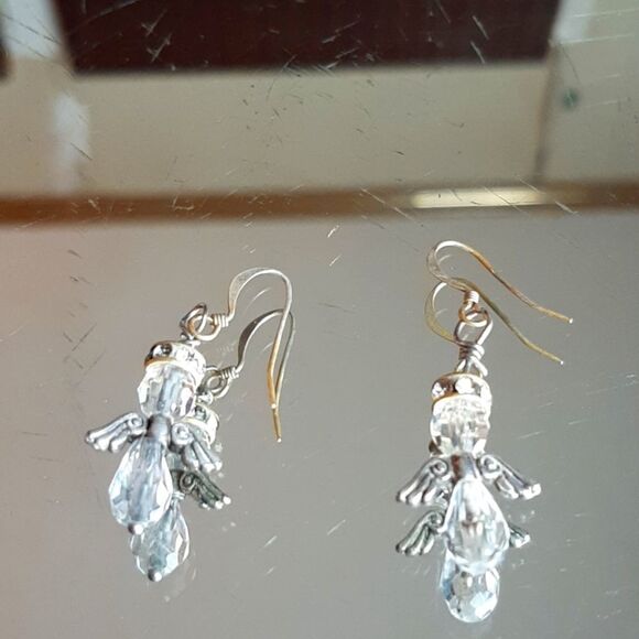 Crystal Beaded Angel Silver Dangle Earrings Handmade - Picture 3 of 4